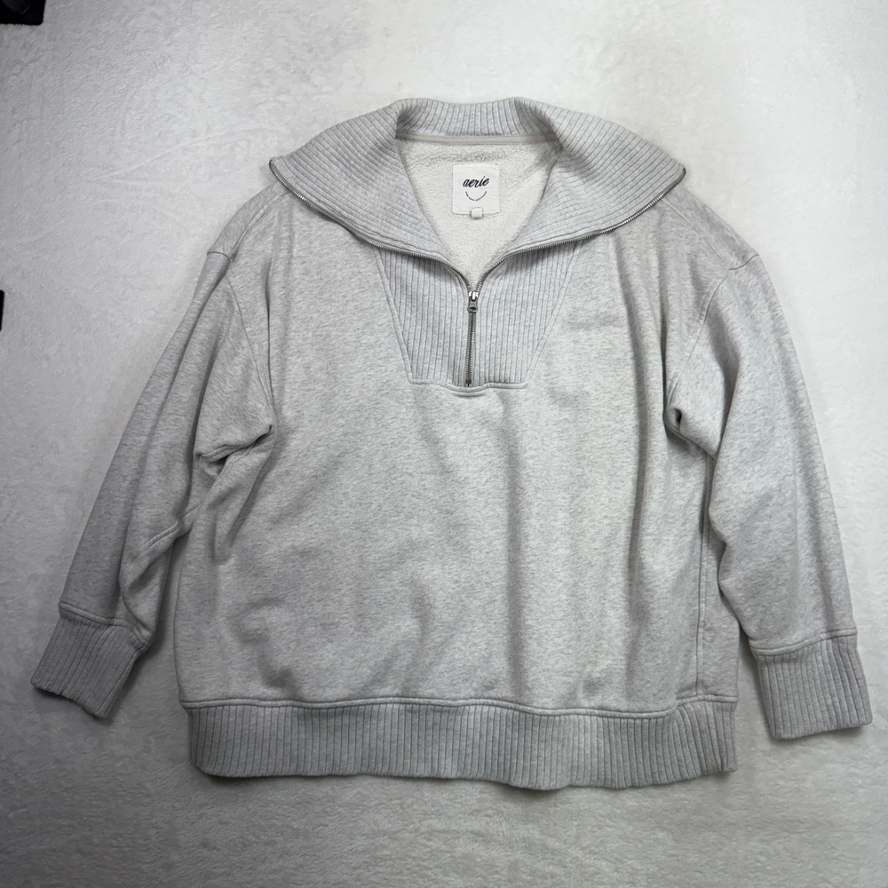 aerie L Down To Earth Quarter Zip Sweatshirt Overisized Gray Relaxed Fit Cozy - Picture 3 of 14